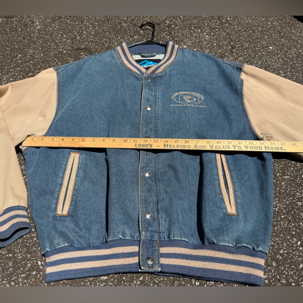 Vintage Blue and Tan Denim Tri-Mountain Varsity Jacket - Sz Large